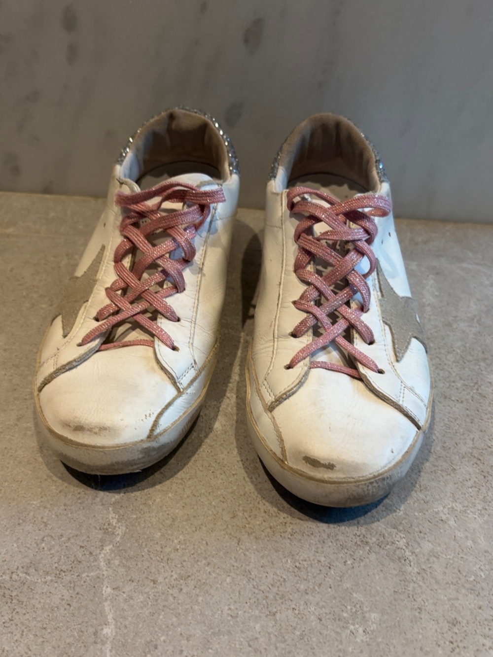 Golden Goose White Leather Sneakers with Pink Laces, Gray Star and glitter 
heel